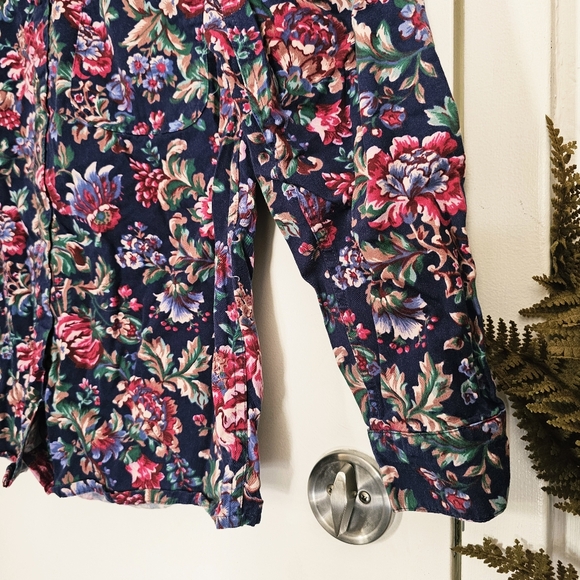 Vintage 90s Y2K Botanical Floral Navy Blue Womens 100% Cotton Button Up Shirt - Picture 7 of 13
